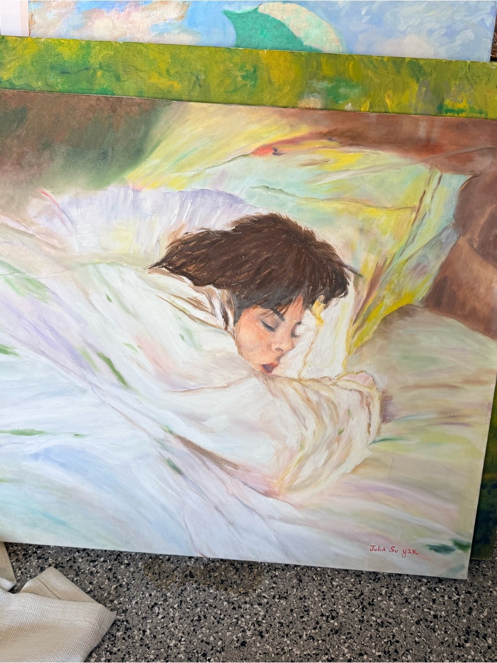 Handmade Oil Painting of Sleeping Child in Soft Pastels